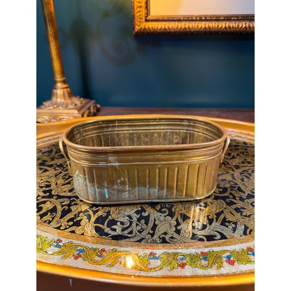 Vintage Brass Oval Planter with Handles – 8.5" Long –‎ Aged Patina